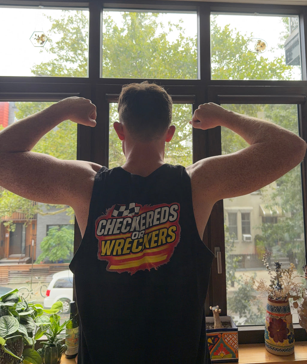Checkereds or Wreckers black tank top back flex pose