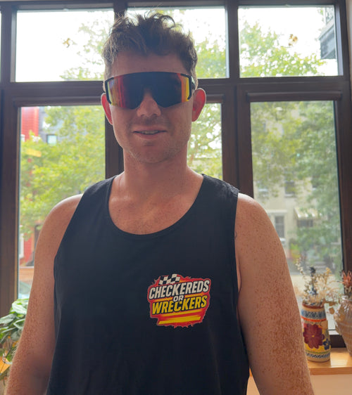 Checkereds or Wreckers black tank top front chest logo with sunglasses