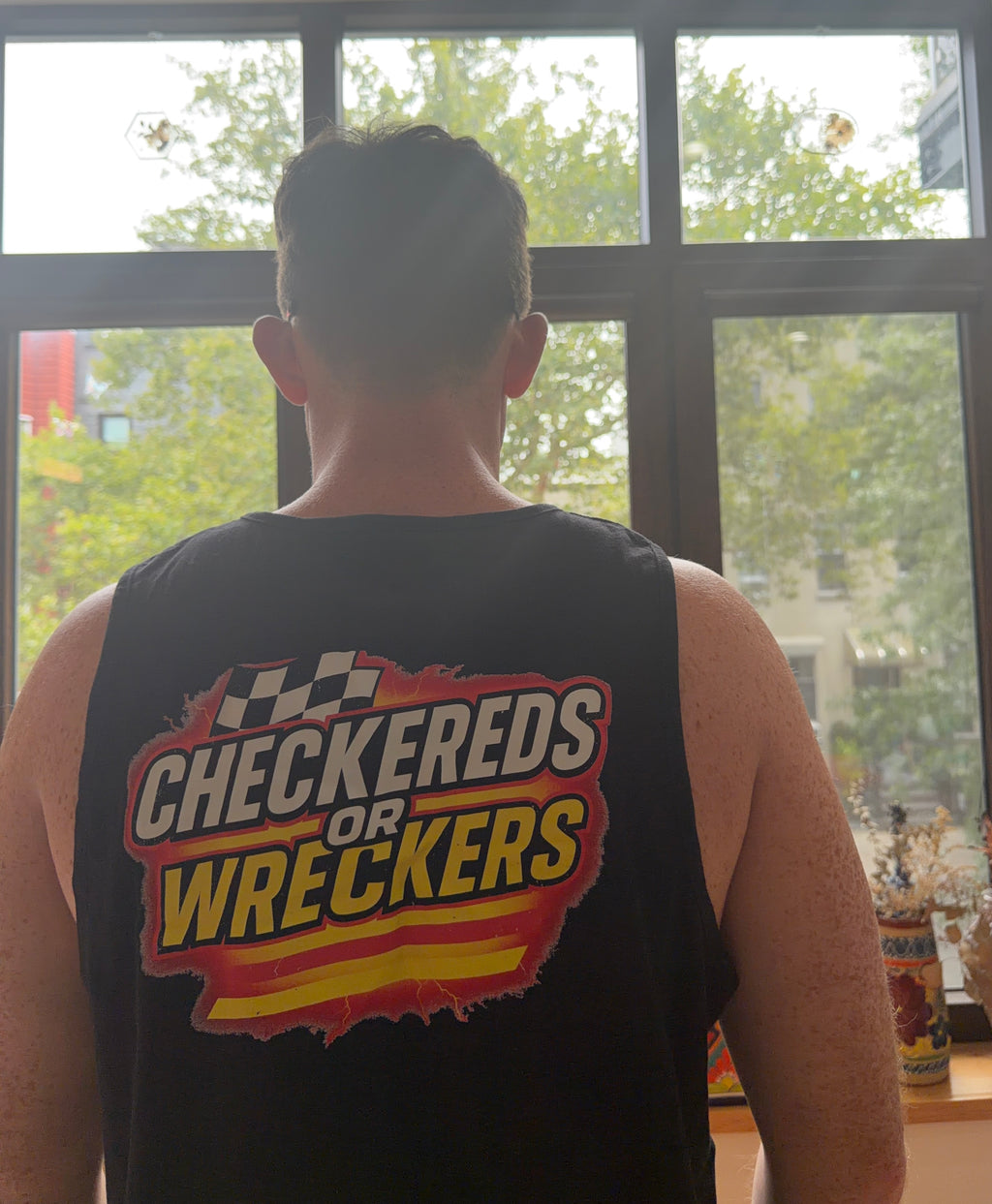 Checkereds or Wreckers black tank top back graphic view