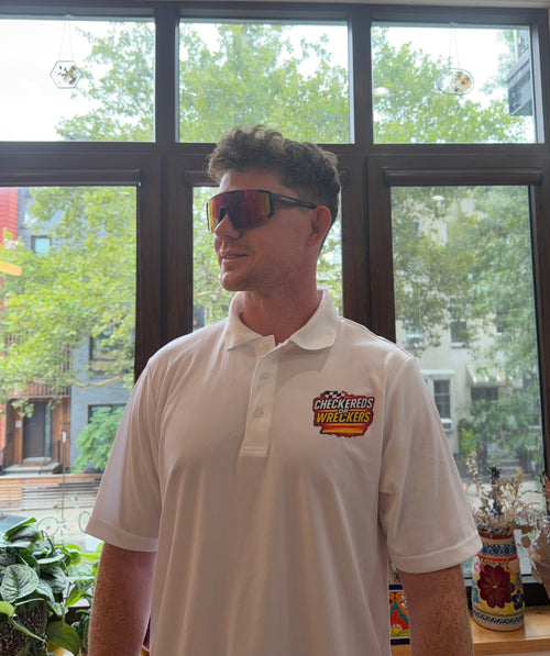 Checkereds or Wreckers white polo full front view with sunglasses