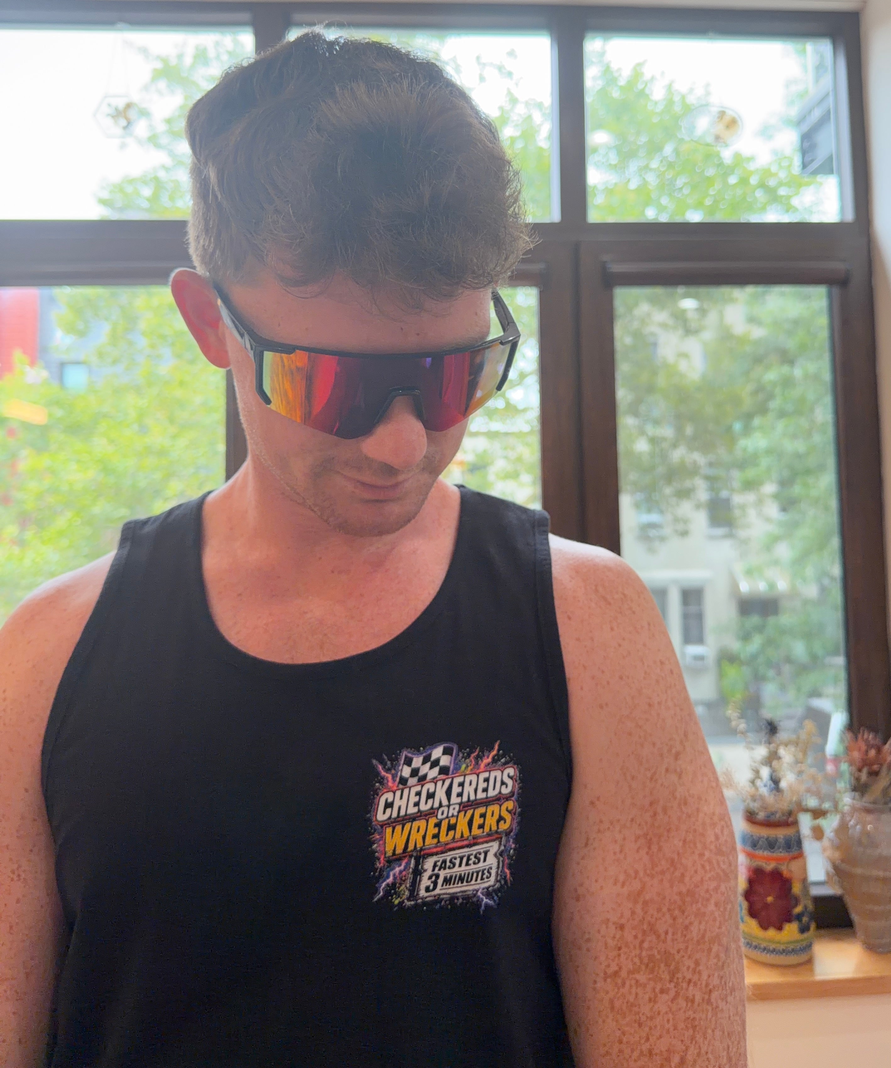 Checkereds or Wreckers white tank top front chest logo with sunglasses
