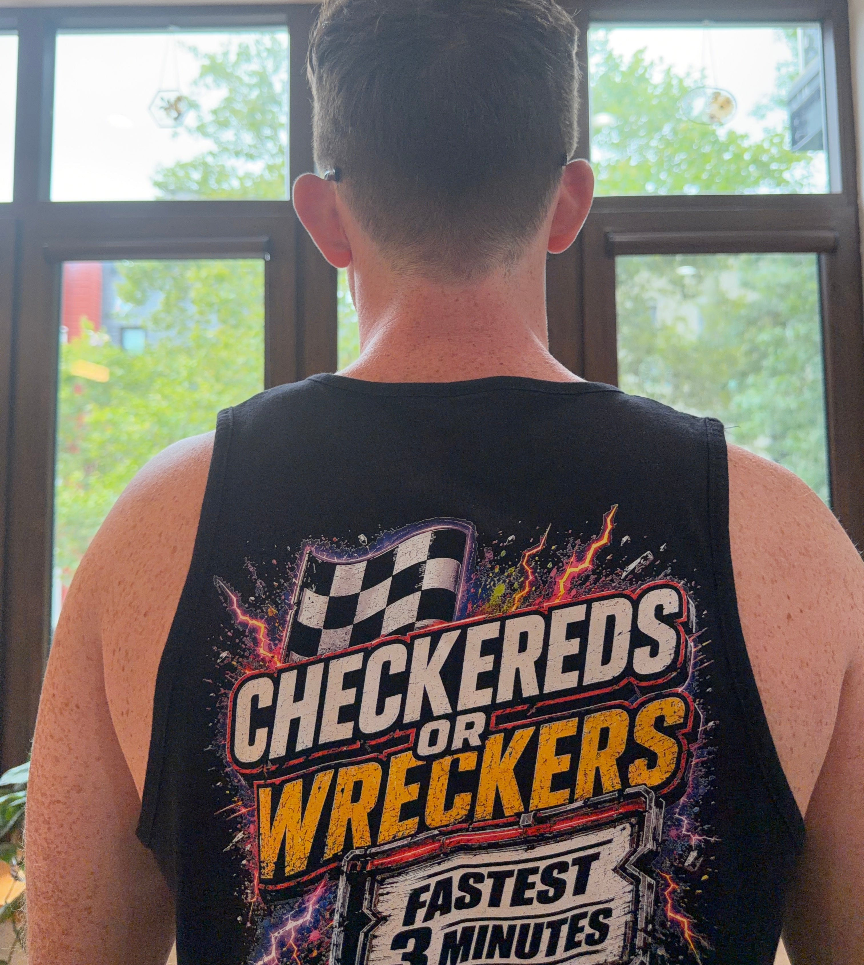 Checkereds or Wreckers black tank top front chest logo with sunglasses