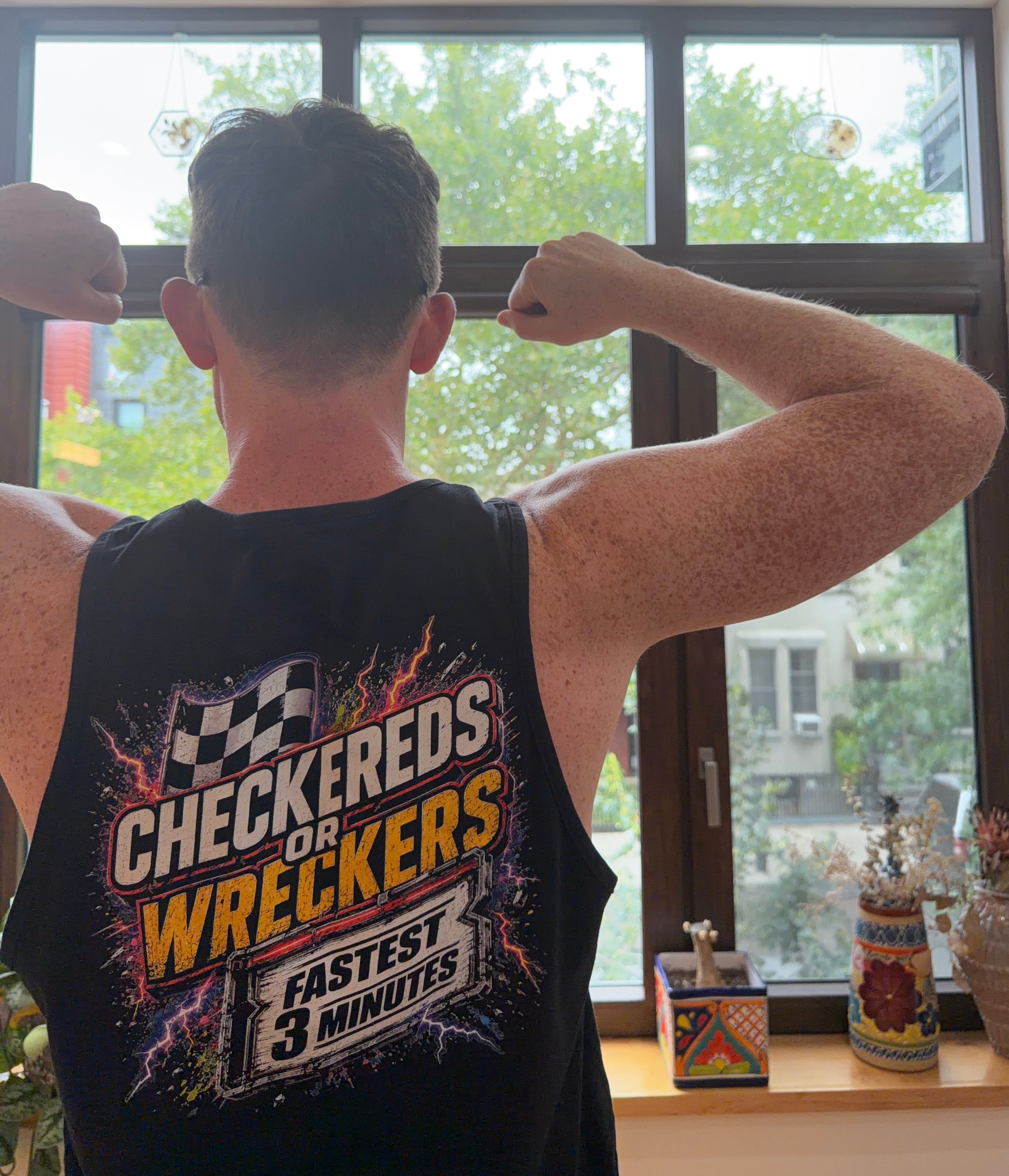 Checkereds or Wreckers black tank top back graphic — Fastest 3 Minutes design