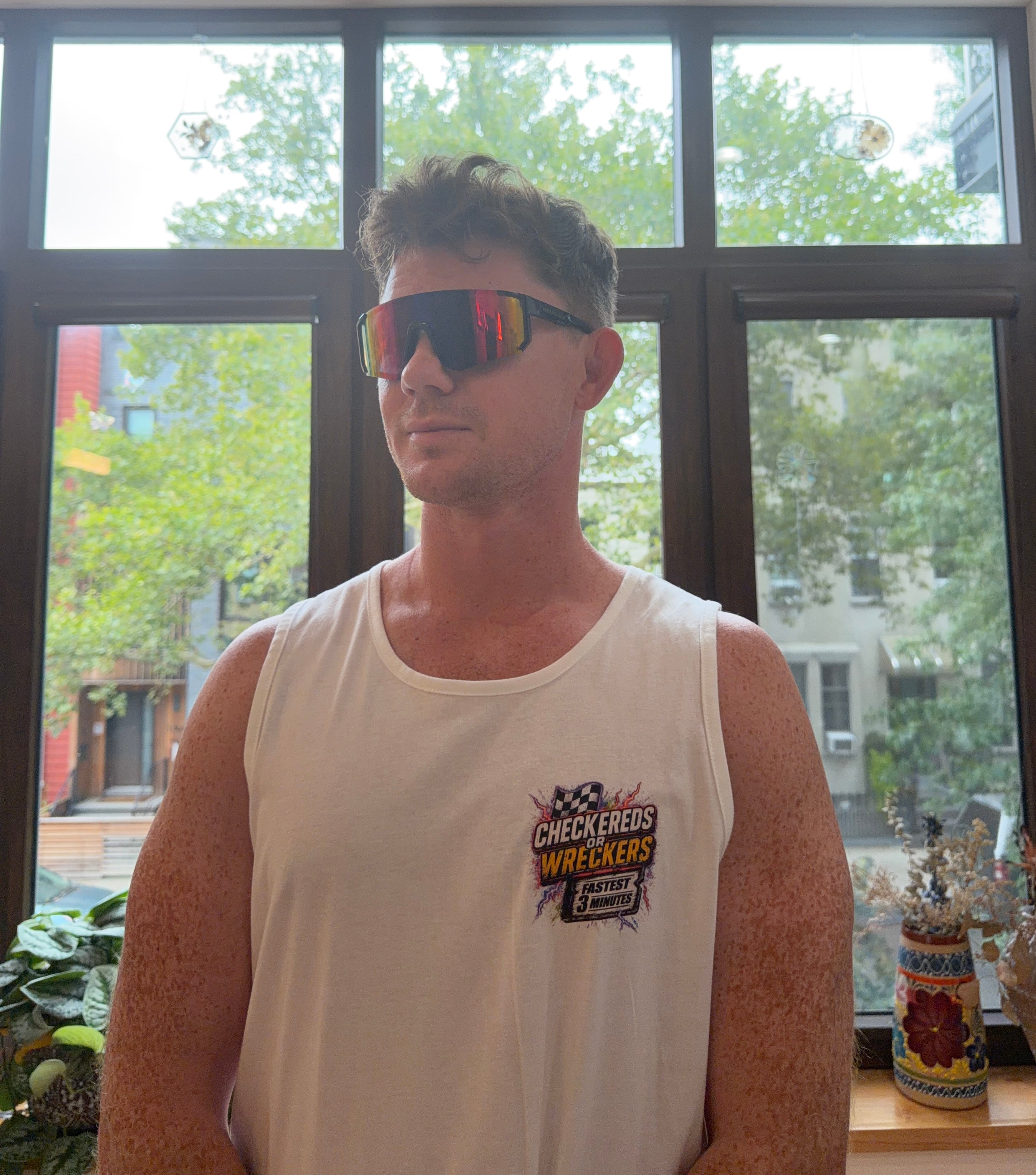 Checkereds or Wreckers white tank top back graphic flex pose