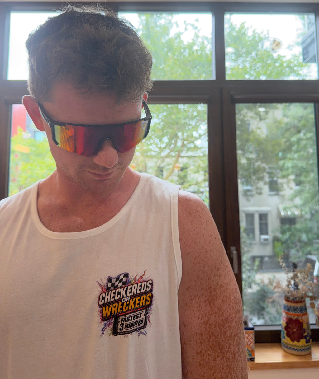 Checkereds or Wreckers white tank top front chest logo side angle