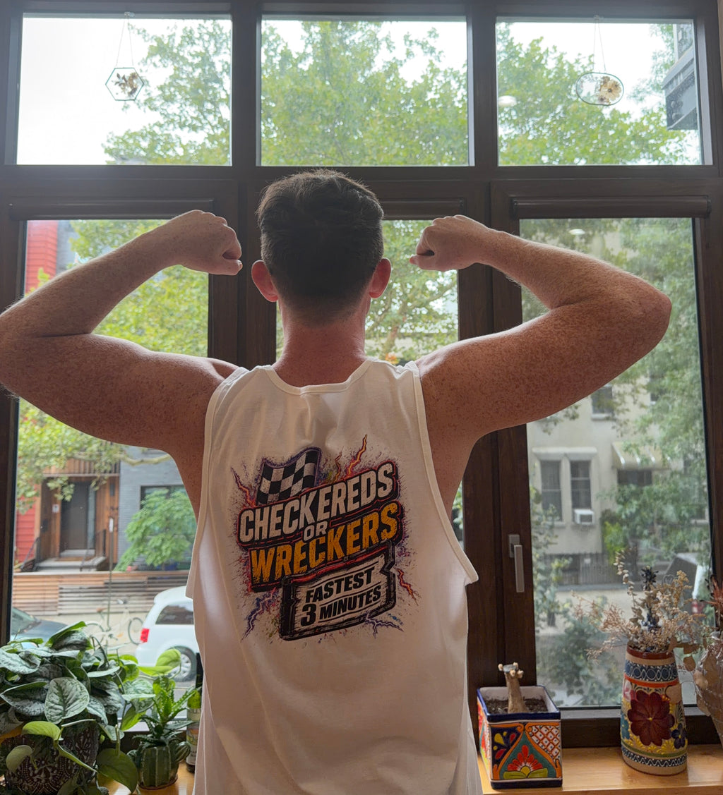 Checkereds or Wreckers white tank top front chest logo looking down